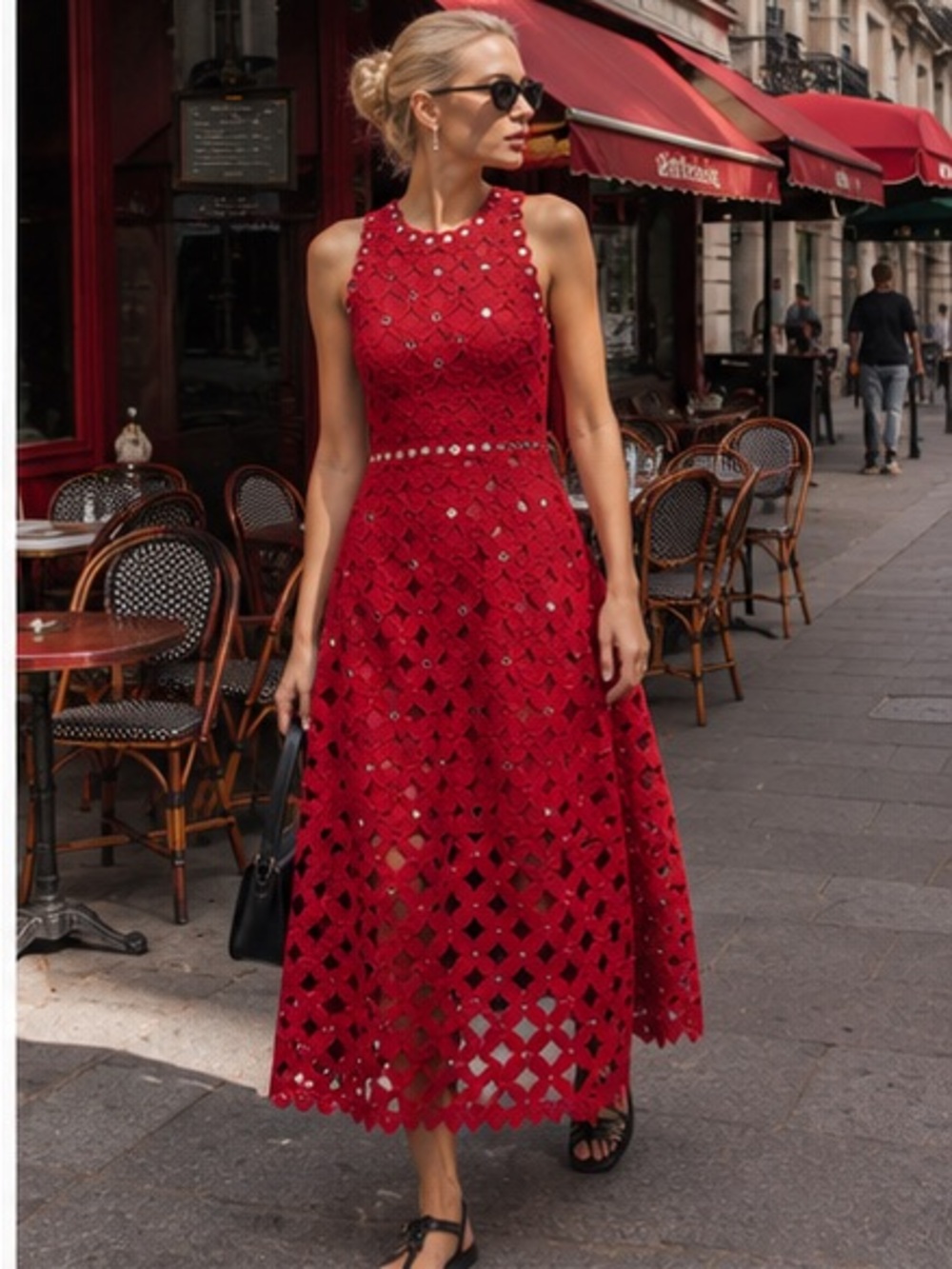Maje Red Sleeveless Crochet Midi Dress